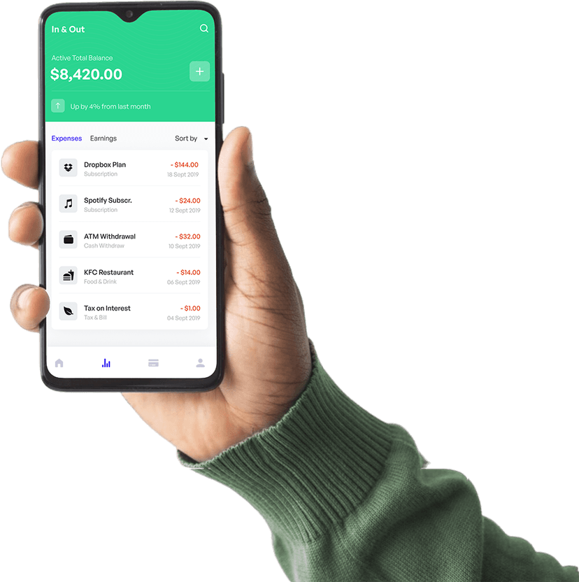 A hand holding a smartphone displaying an expense tracking app